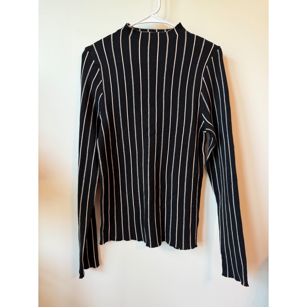 Vici Dolls Black White Striped Mock Neck Ribbed Knit Long Sleeve Top Large